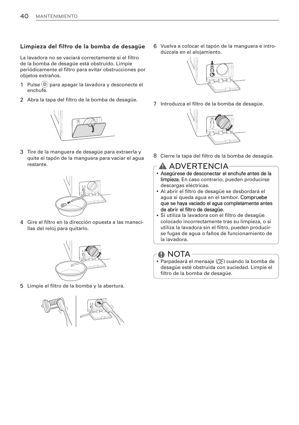 Advertencia, Nota, Limpieza del filtro de la bomba de desagüe | LG WM3570HVA User Manual | Page 88 / 96