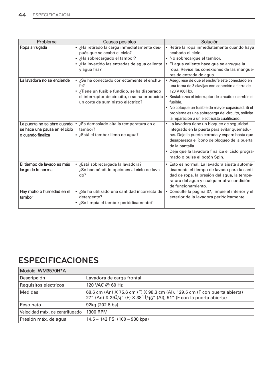 Especificaciones | LG WM3570HVA User Manual | Page 92 / 96