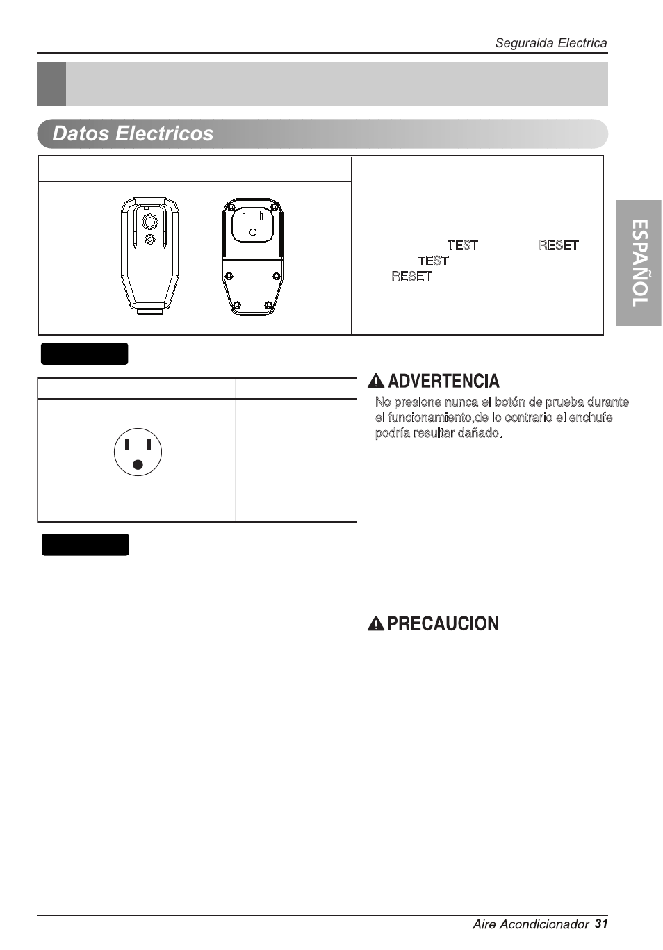 Seguraida electrica, Datos electricos, Esp añol | Consejo | LG LT0814CNR User Manual | Page 31 / 48