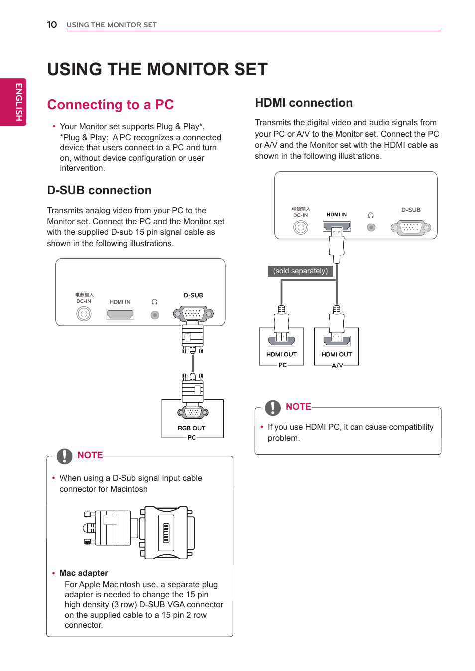 Using the monitor set, Connecting to a pc, D-sub connection | Hdmi connection, 10 connecting to a pc 10 | LG 27MP35HQ-B User Manual | Page 10 / 28