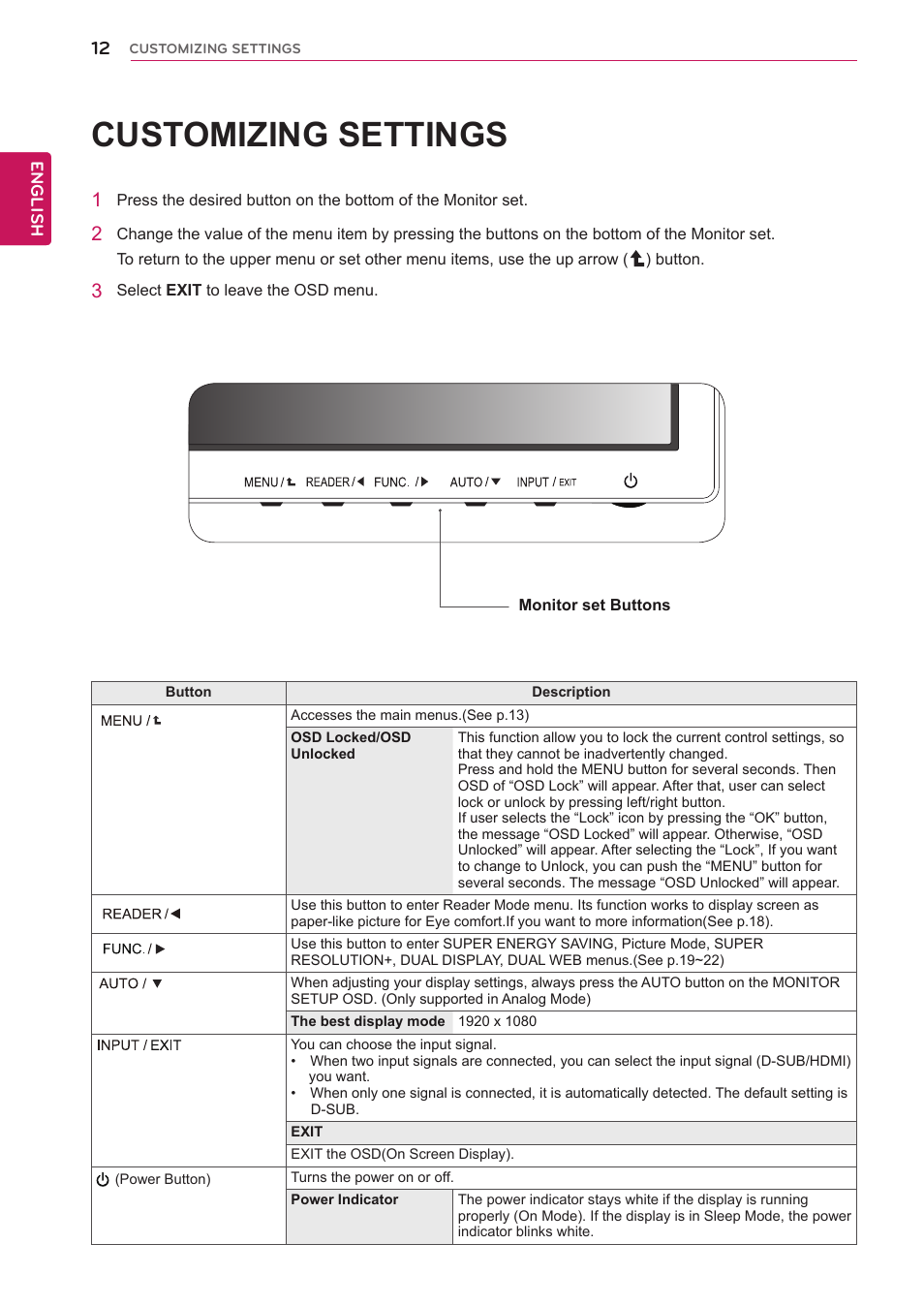 Customizing settings | LG 27MP35HQ-B User Manual | Page 12 / 28