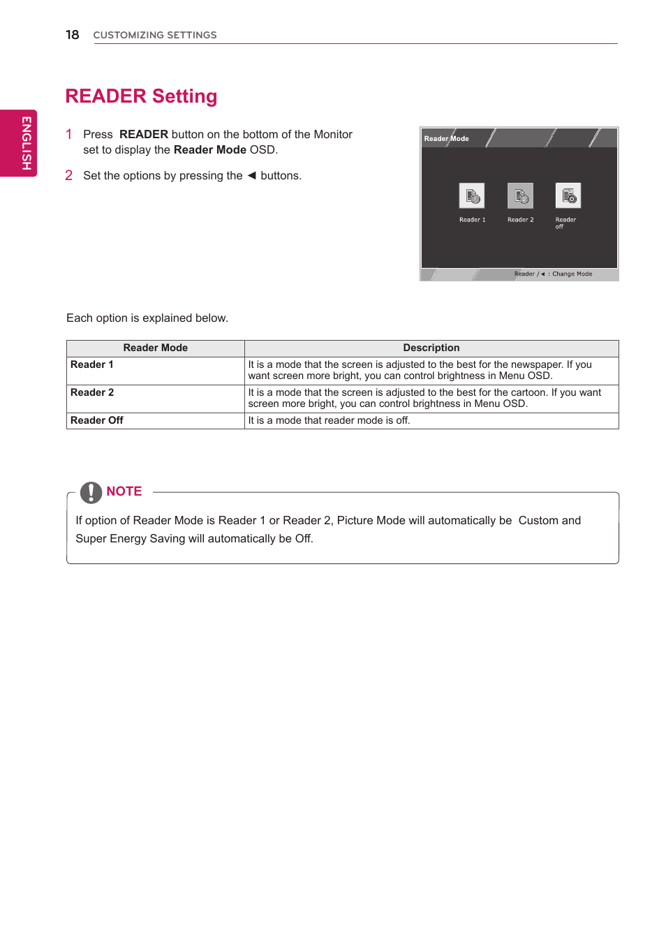 Reader setting, 18 reader setting, Information(see p.18) | LG 27MP35HQ-B User Manual | Page 18 / 28