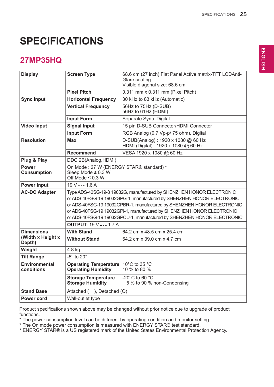 Specifications, 27mp35hq, 25 27mp35hq | LG 27MP35HQ-B User Manual | Page 25 / 28