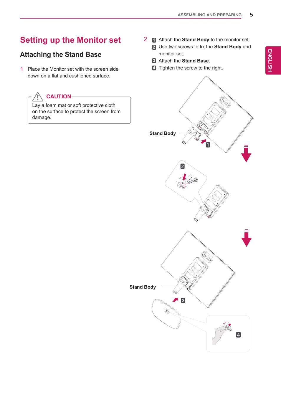 Setting up the monitor set, Attaching the stand base | LG 27MP35HQ-B User Manual | Page 5 / 28