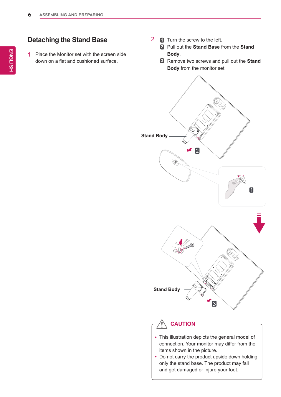 Detaching the stand base | LG 27MP35HQ-B User Manual | Page 6 / 28