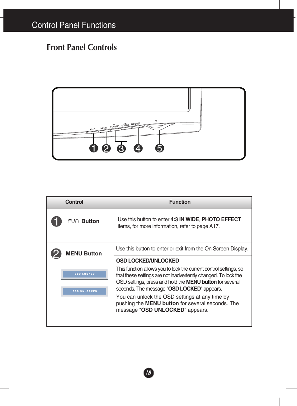 Control panel functions, Front panel controls, Control panel functions front panel controls | LG W2043T-PF User Manual | Page 10 / 28