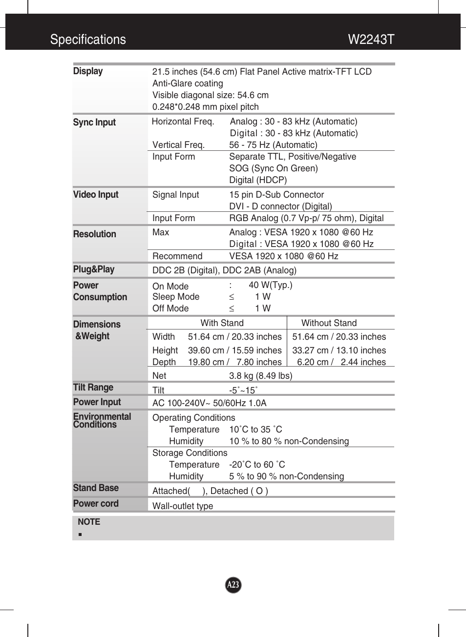 W2243t, Specifications w2243t | LG W2043T-PF User Manual | Page 24 / 28