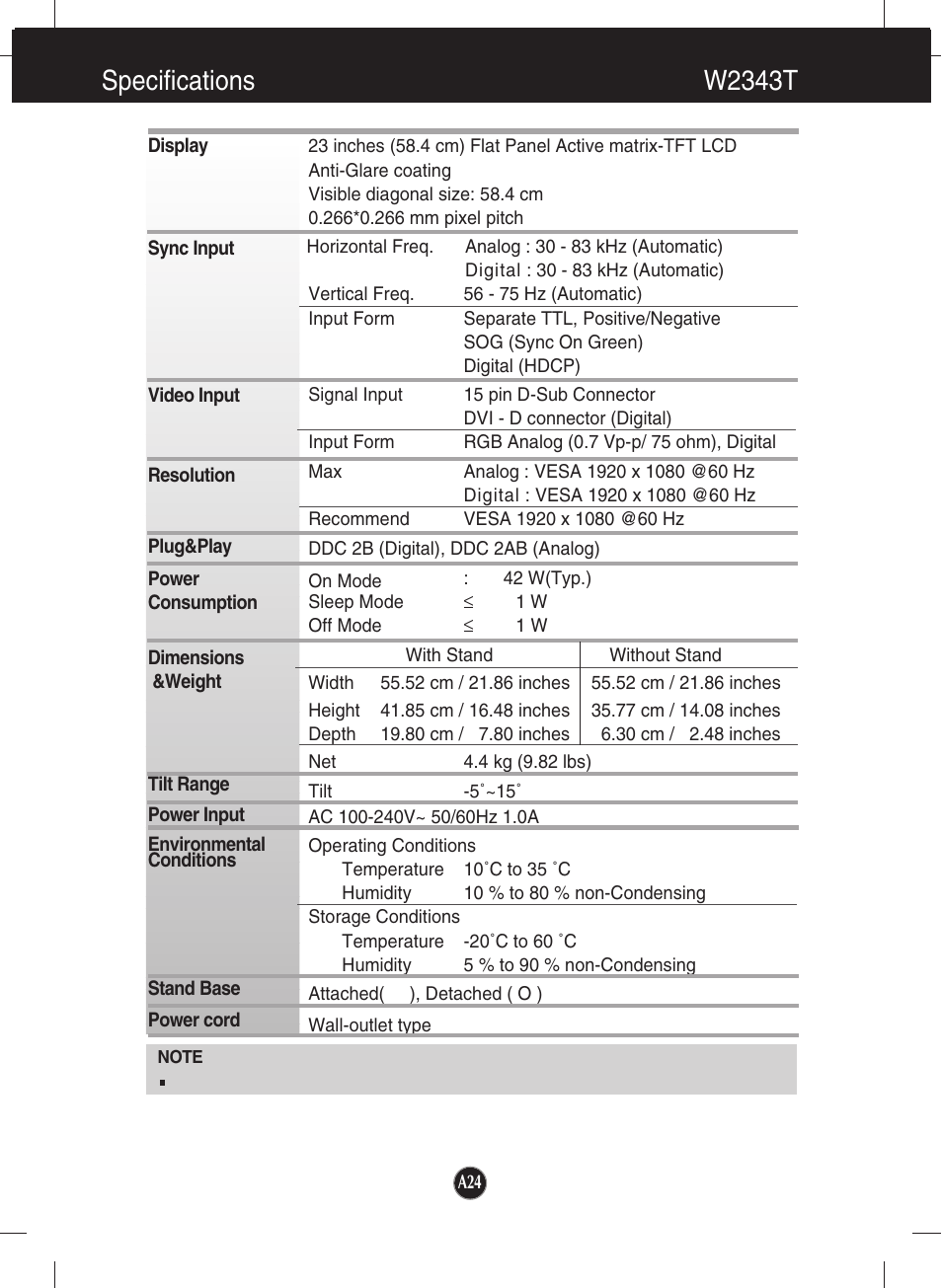 W2343t, Specifications w2343t | LG W2043T-PF User Manual | Page 25 / 28
