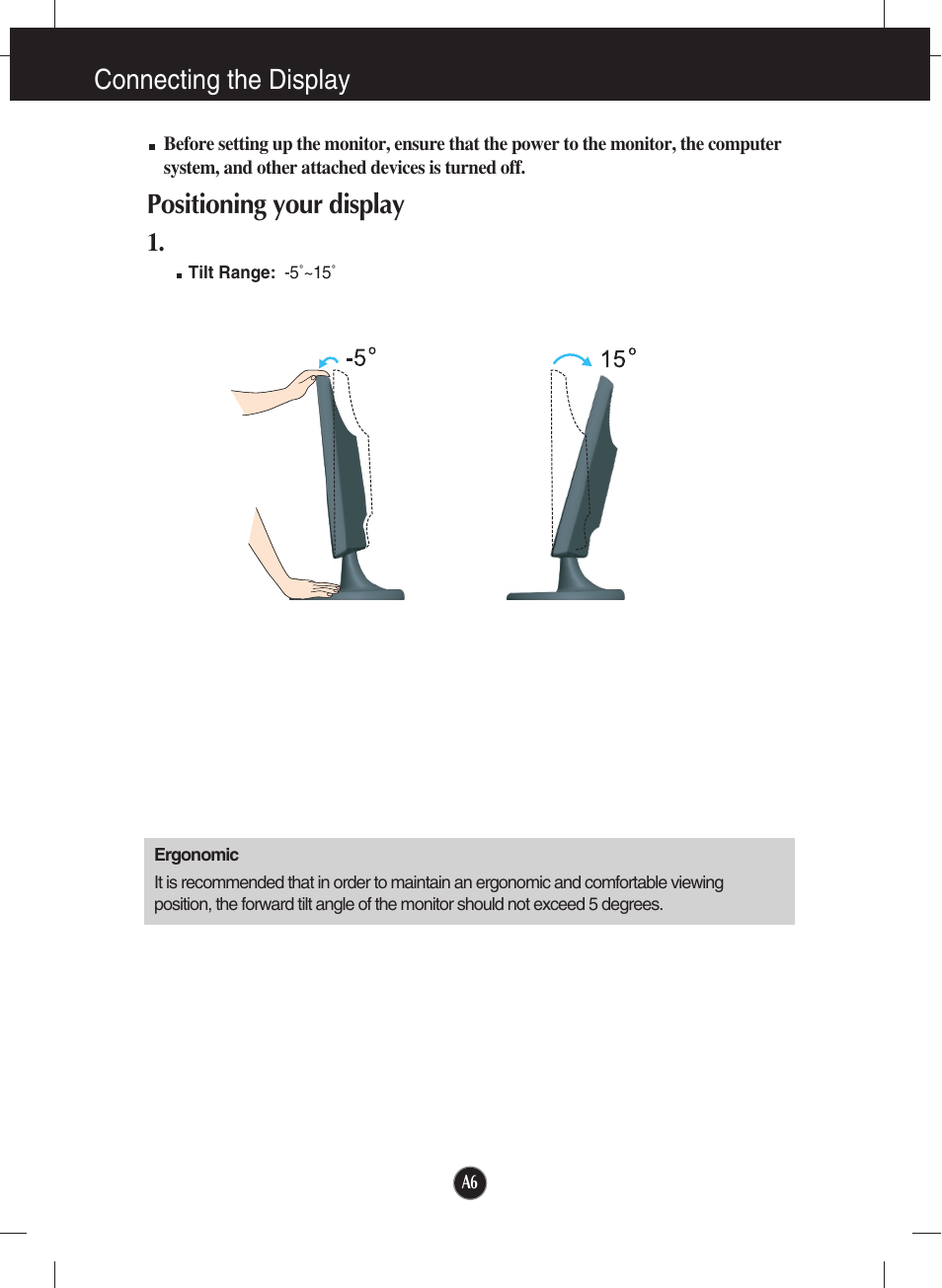 Positioning your display, Connecting the display | LG W2043T-PF User Manual | Page 7 / 28