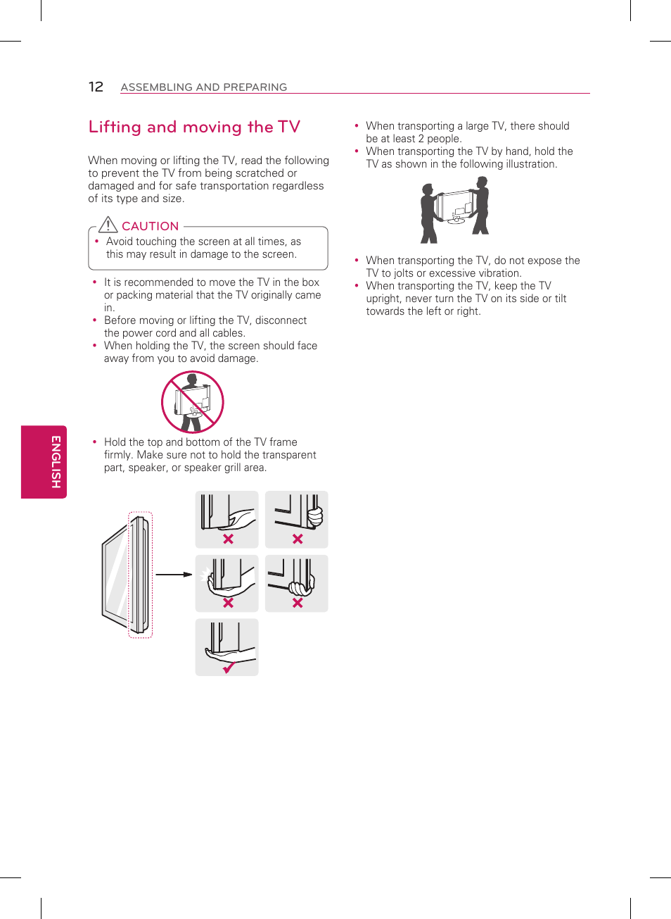 Lifting and moving the tv | LG 55LN5700 User Manual | Page 12 / 52