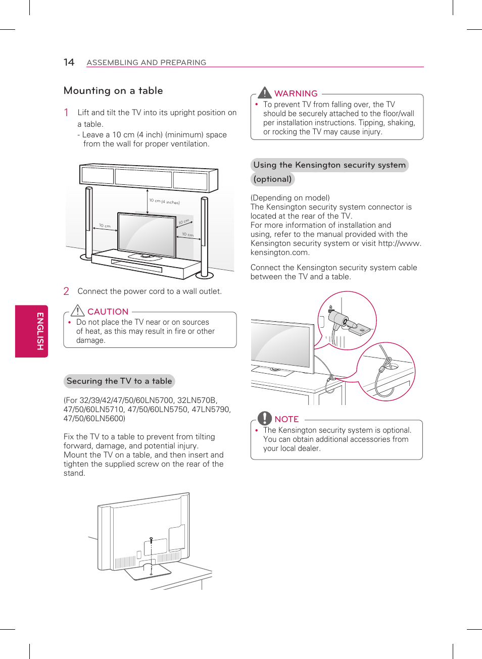 Mounting on a table 1 | LG 55LN5700 User Manual | Page 14 / 52