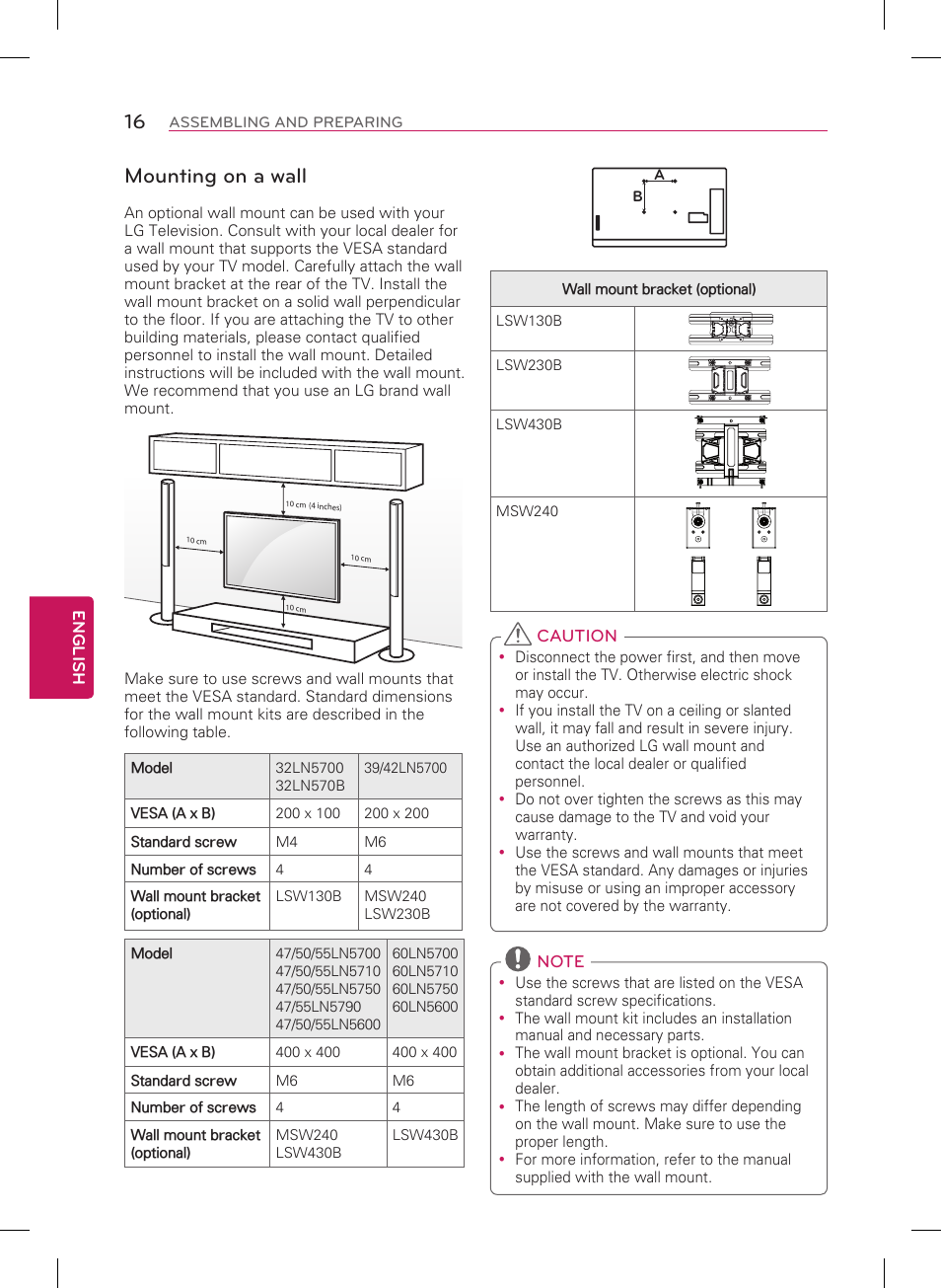 Mounting on a wall | LG 55LN5700 User Manual | Page 16 / 52