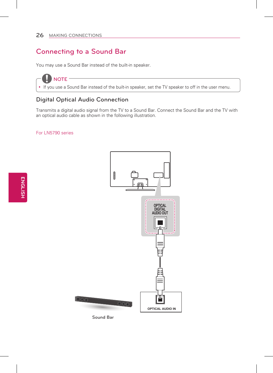 Connecting to a sound bar, Digital optical audio connection | LG 55LN5700 User Manual | Page 26 / 52