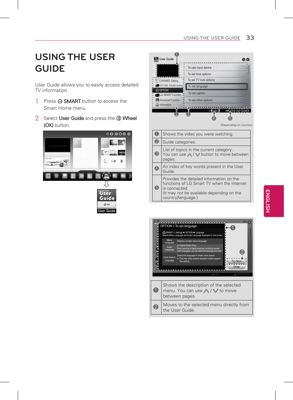 Using the user guide, English | LG 55LN5700 User Manual | Page 33 / 52