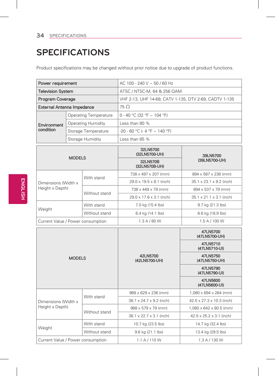 Specifications | LG 55LN5700 User Manual | Page 34 / 52