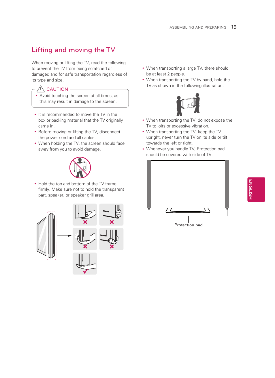 Lifting and moving the tv | LG 47LM8600 User Manual | Page 15 / 44