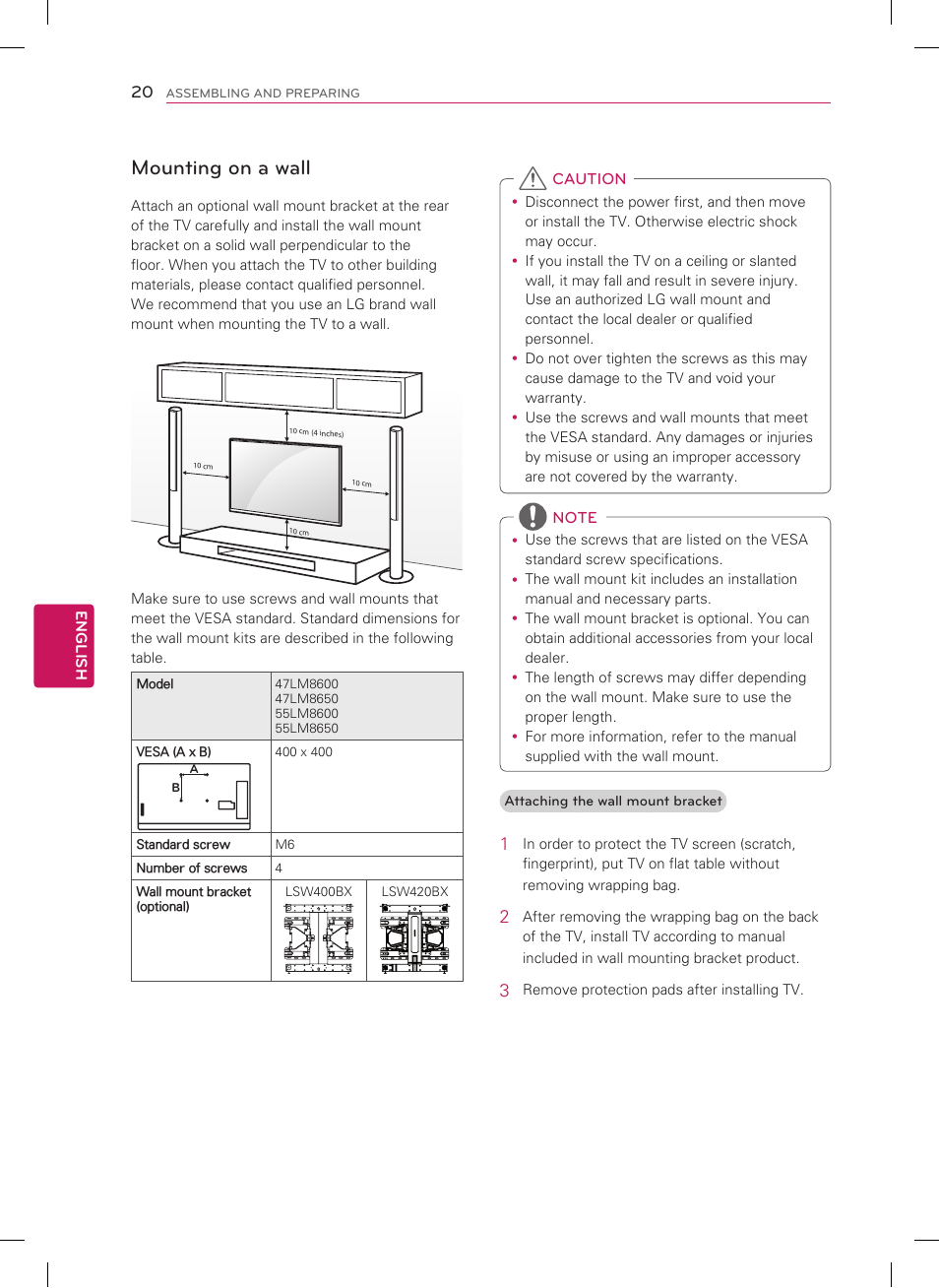 Mounting on a wall | LG 47LM8600 User Manual | Page 20 / 44