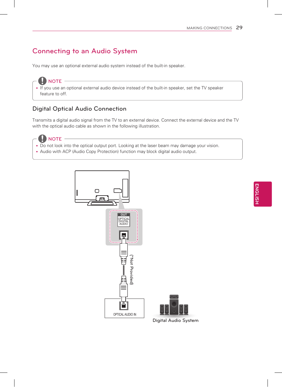 Connecting to an audio system, Digital optical audio connection | LG 47LM8600 User Manual | Page 29 / 44