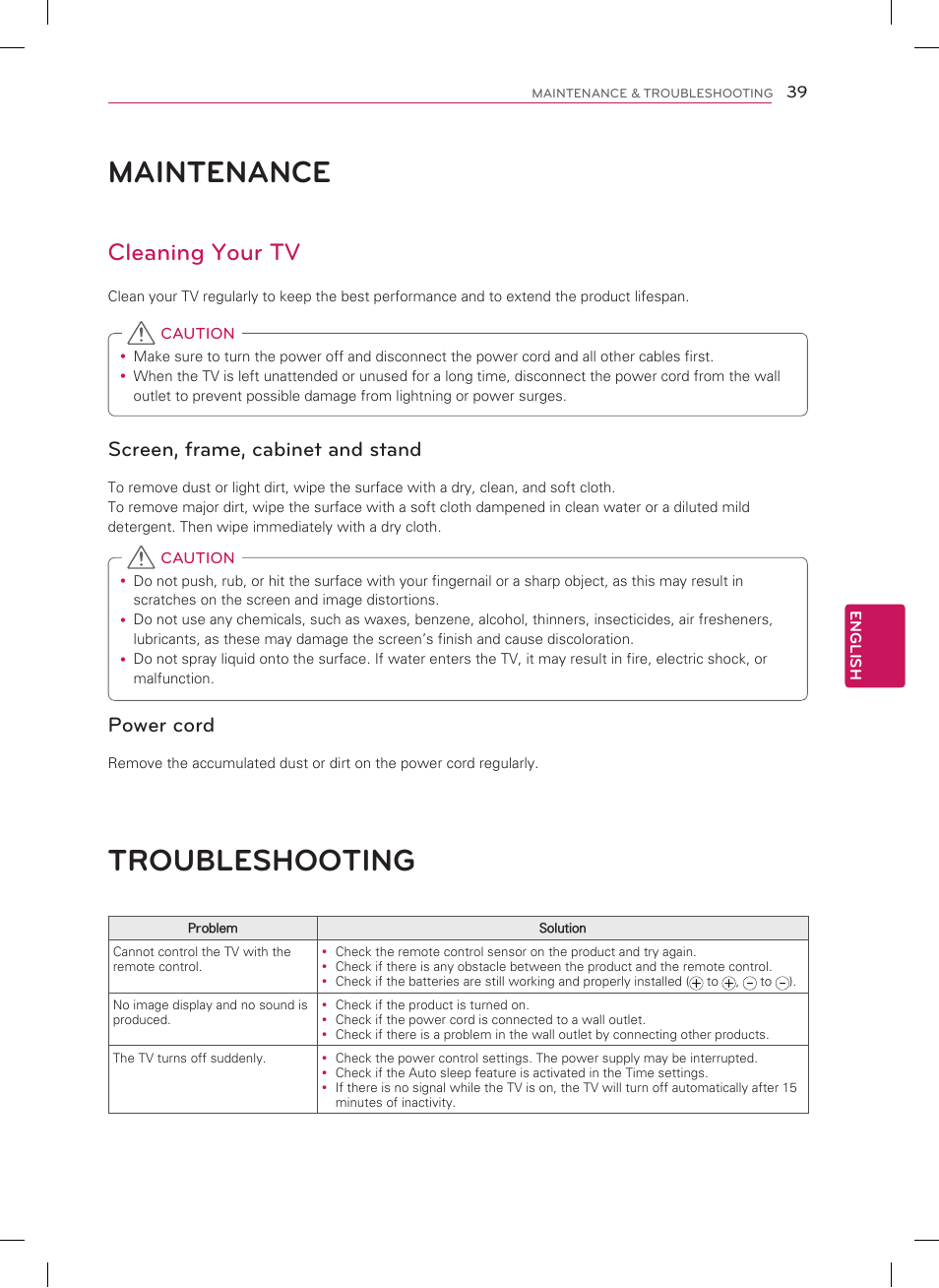 Maintenance, Troubleshooting, Cleaning your tv | Screen, frame, cabinet and stand, Power cord | LG 47LM8600 User Manual | Page 39 / 44