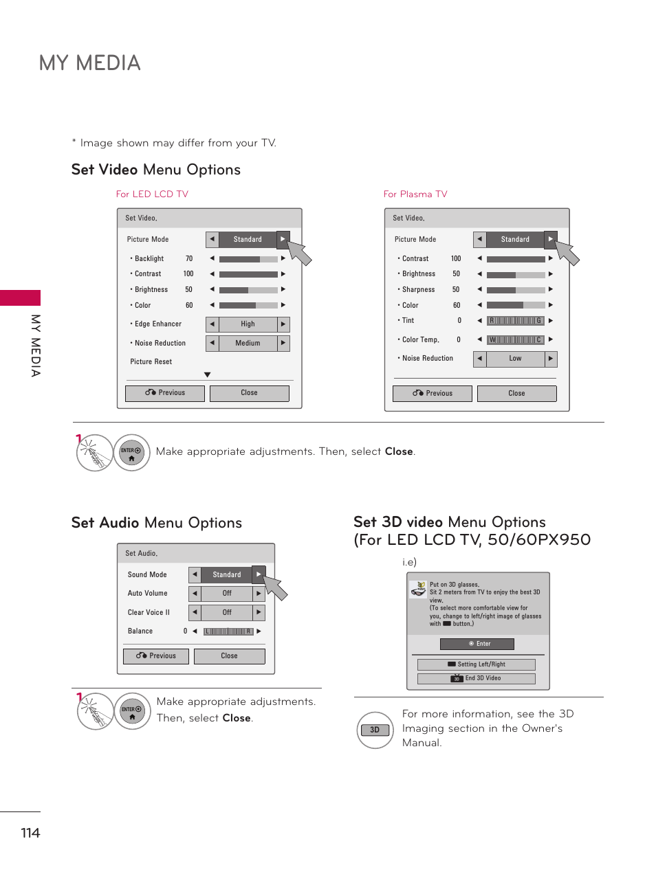 My media, Set video menu options set audio menu options, My m ed ia | LG 50PK950 User Manual | Page 114 / 202