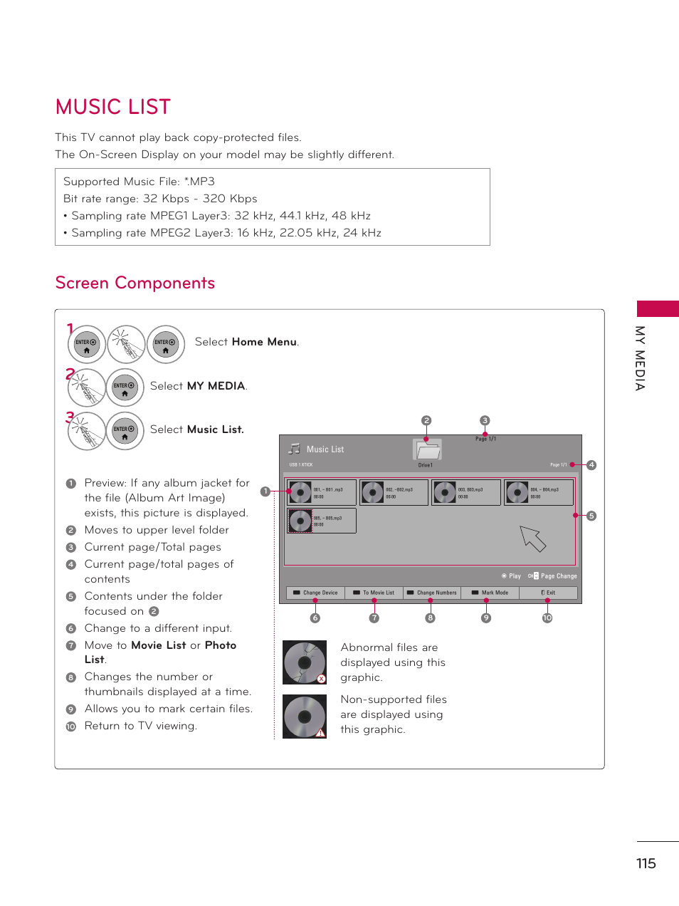 Music list, Screen components, My m ed ia | LG 50PK950 User Manual | Page 115 / 202