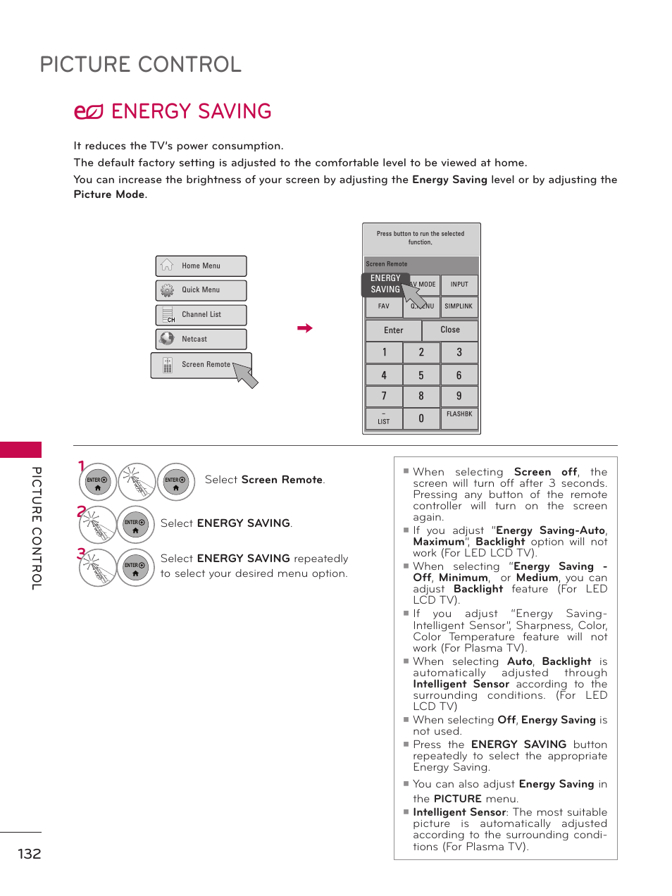 Energy saving, Picture control, ꕊ energy saving | LG 50PK950 User Manual | Page 132 / 202