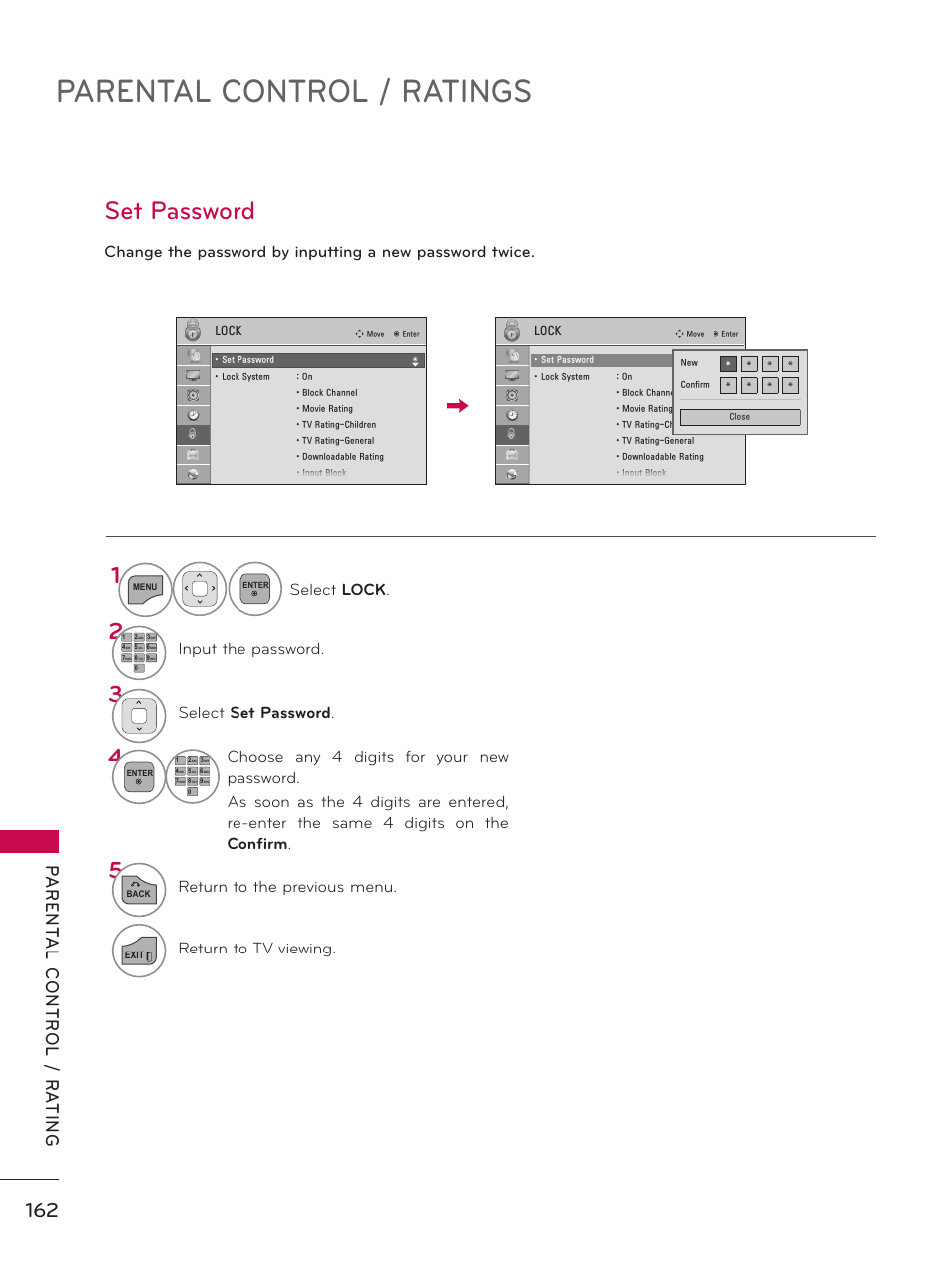 Set password, Parental control / ratings, Select lock | Input the password, Select set password, Return to the previous menu, Return to tv viewing | LG 50PK950 User Manual | Page 162 / 202