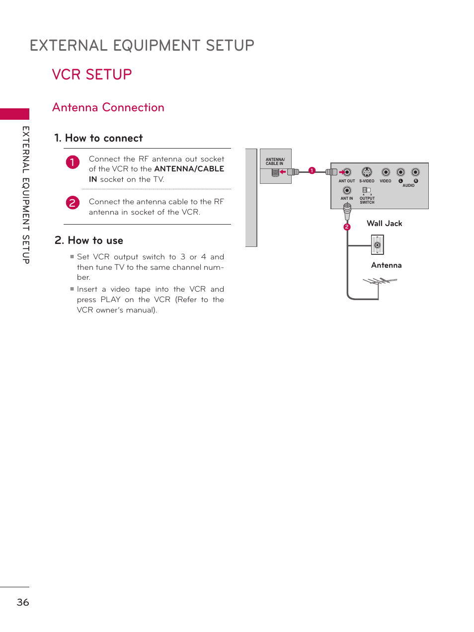 Vcr setup, Antenna connection, External equipment setup | How to connect, How to use, Wall jack antenna | LG 50PK950 User Manual | Page 36 / 202