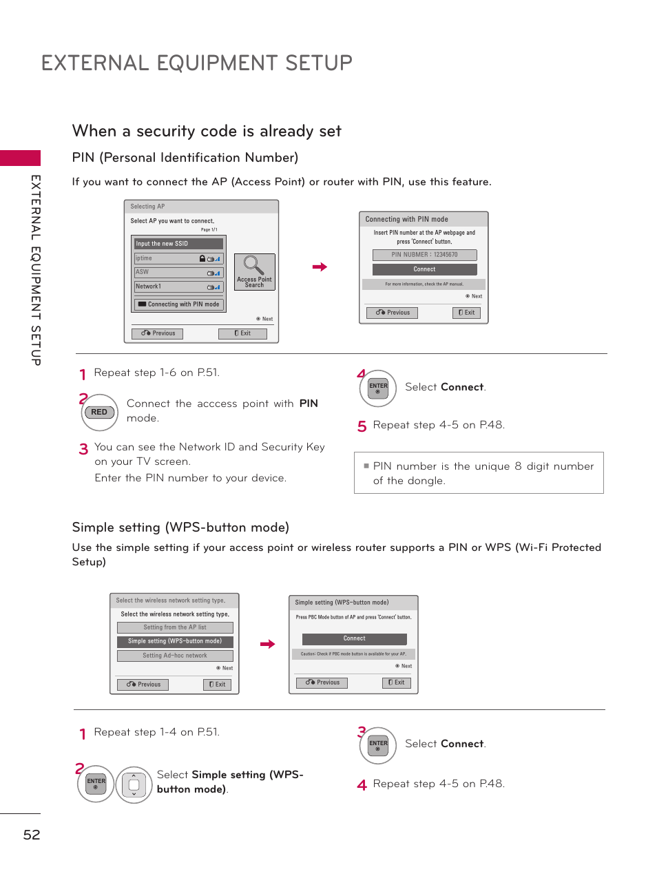 External equipment setup, When a security code is already set | LG 50PK950 User Manual | Page 52 / 202