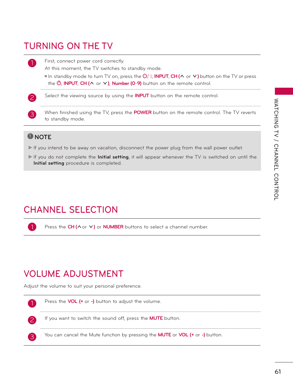 Turning on the tv, Channel selection, Volume adjustment | LG 50PK950 User Manual | Page 61 / 202