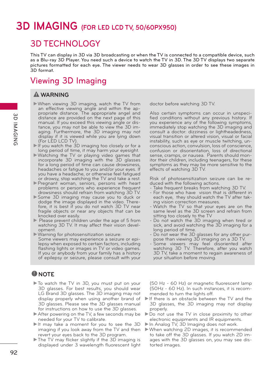 3d imaging, 3d technology, Viewing 3d imaging | 3d technology viewing 3d imaging, Warning | LG 50PK950 User Manual | Page 92 / 202