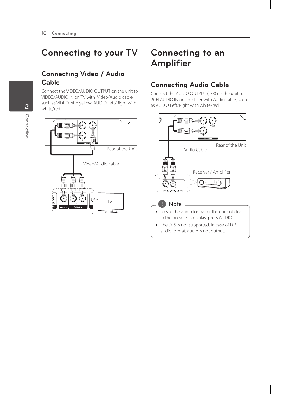 2 connecting, Connecting to your tv, Connecting video / audio cable | Connecting to an amplifier, Connecting audio cable | LG DP132 User Manual | Page 10 / 22