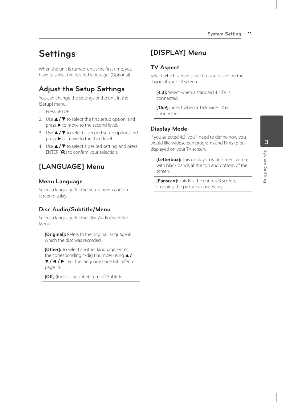 3 system setting, Settings, Adjust the setup settings | Language] menu, Display] menu, 11 settings 11 | LG DP132 User Manual | Page 11 / 22