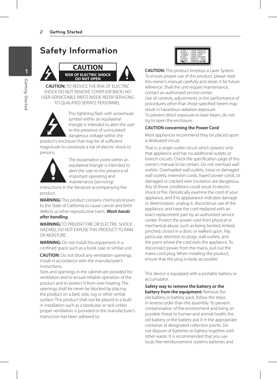 1 getting started, Safety information, Caution | LG DP132 User Manual | Page 2 / 22