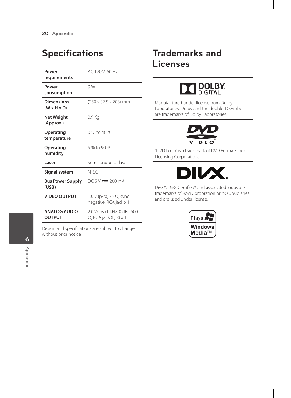 Specifications, Trademarks and licenses, 20 specifications 20 trademarks and licenses | LG DP132 User Manual | Page 20 / 22