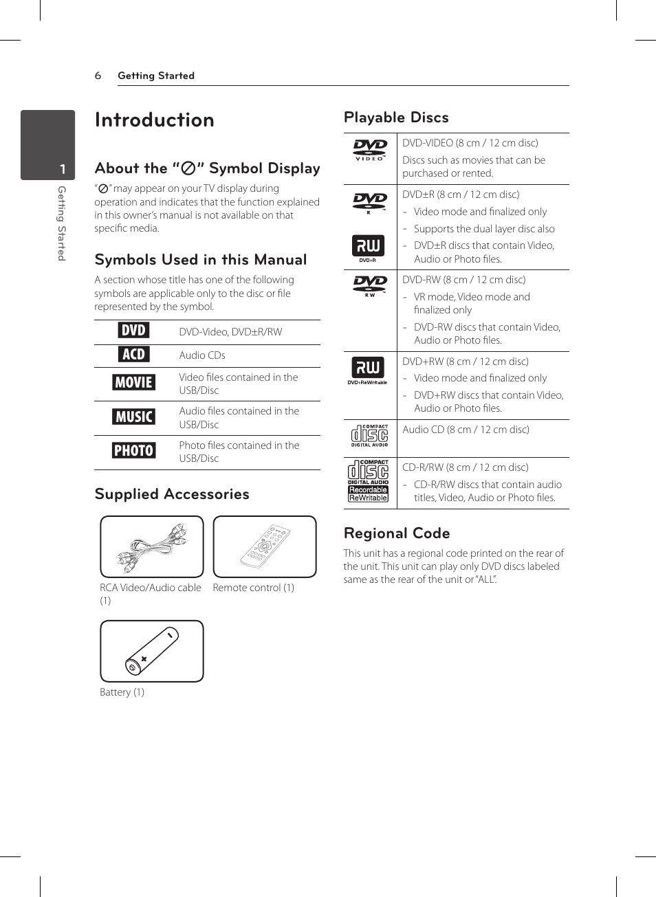Introduction, About the “7” symbol display, Symbols used in this manual | Supplied accessories, Playable discs, 6 introduction 6, About the, 7” symbol display, About the “ 7 ” symbol display, Regional code | LG DP132 User Manual | Page 6 / 22