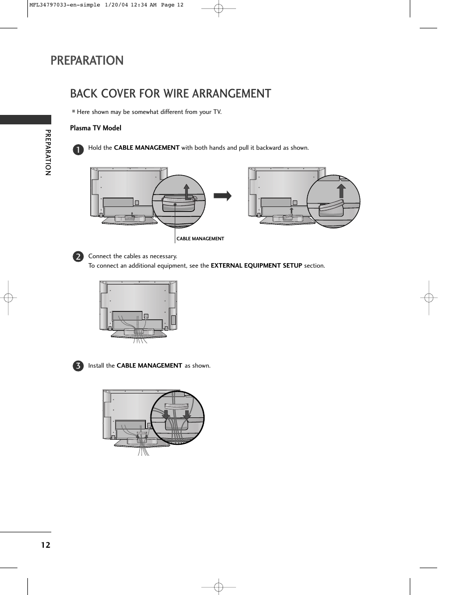 Preparation, Back cover for wire arrangement | LG 32LG10 User Manual | Page 14 / 34