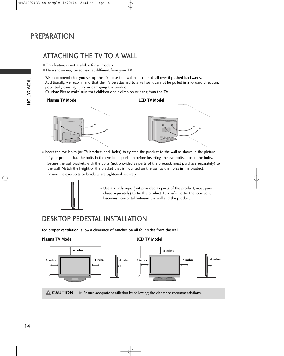 Preparation, Attaching the tv to a wall, Desktop pedestal installation | Caution | LG 32LG10 User Manual | Page 16 / 34
