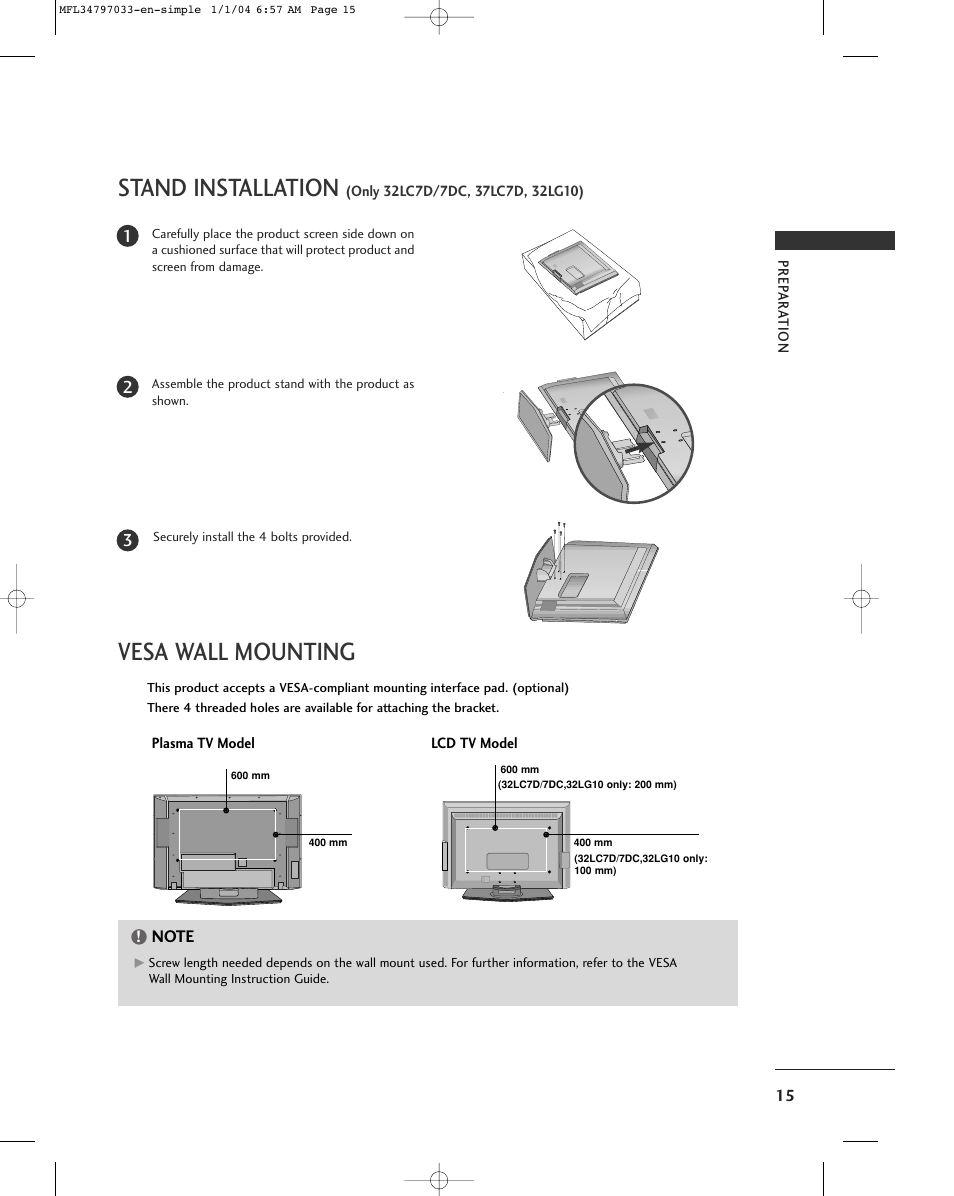 Stand installation, Vesa wall mounting | LG 32LG10 User Manual | Page 17 / 34