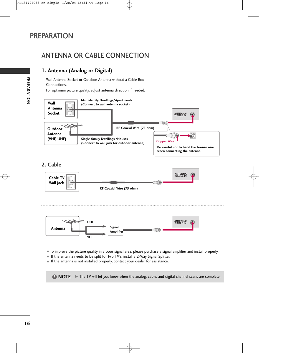 Preparation, Antenna or cable connection, Antenna (analog or digital) | Cable | LG 32LG10 User Manual | Page 18 / 34