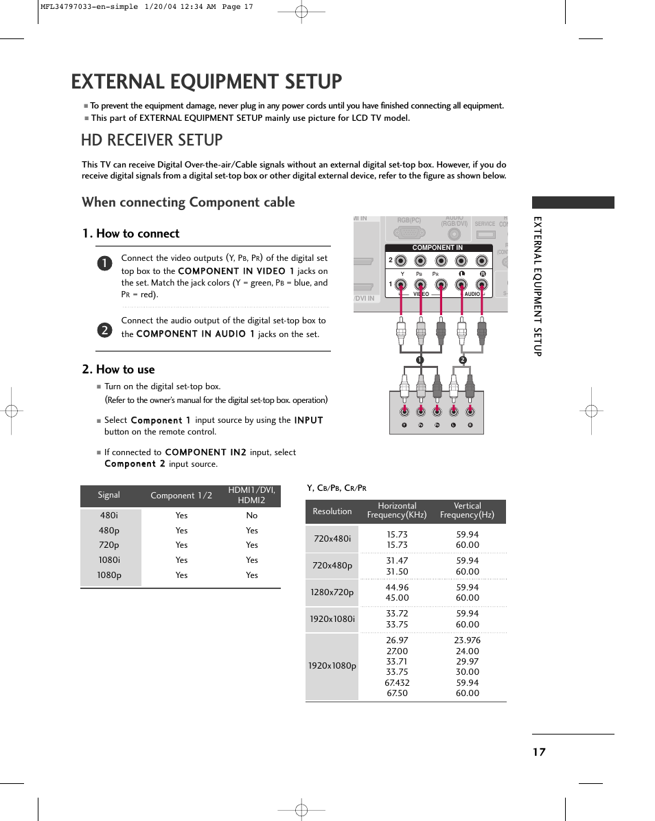 External equipment setup, Hd receiver setup, When connecting component cable | How to connect, How to use | LG 32LG10 User Manual | Page 19 / 34