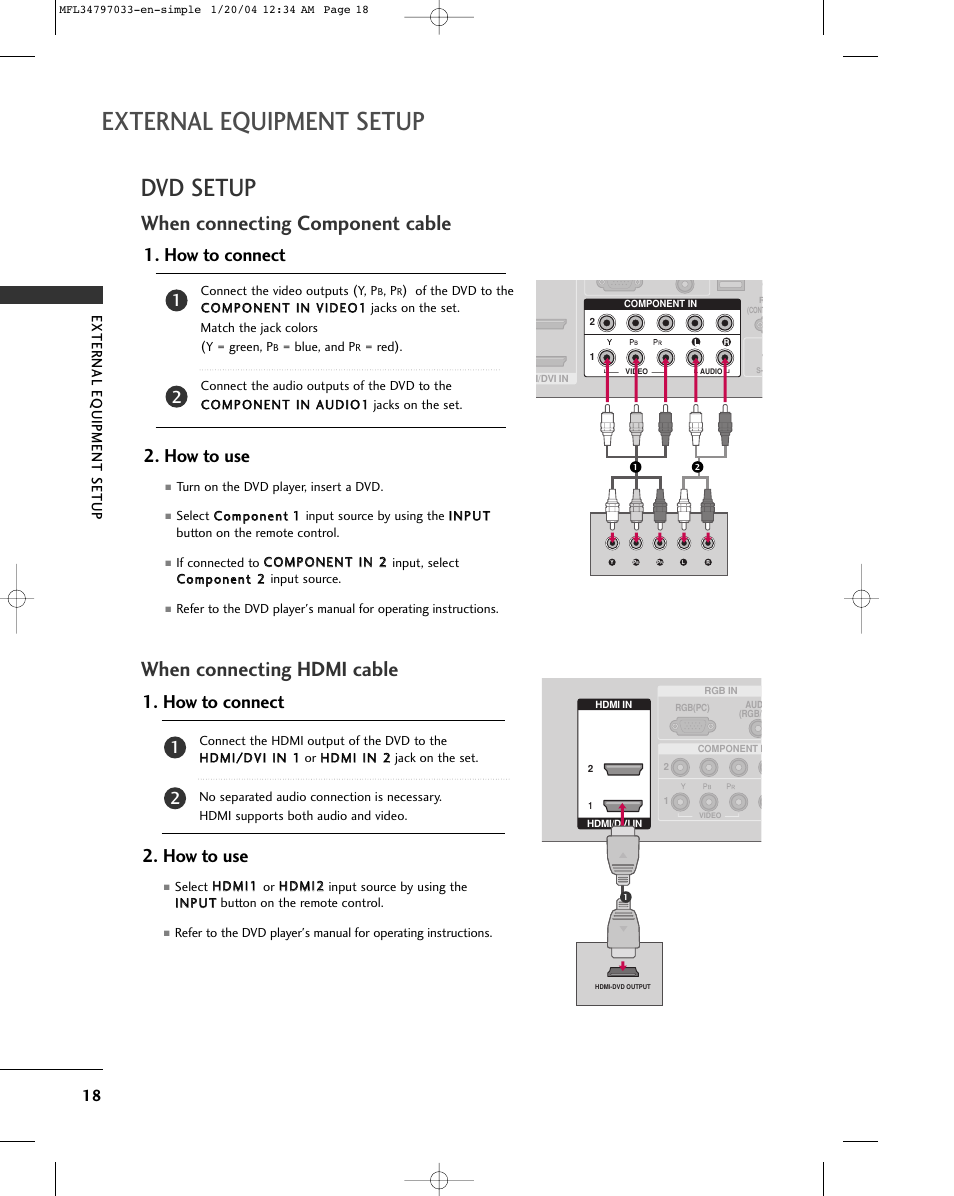 External equipment setup, Dvd setup, When connecting component cable | When connecting hdmi cable, How to connect 2. how to use | LG 32LG10 User Manual | Page 20 / 34