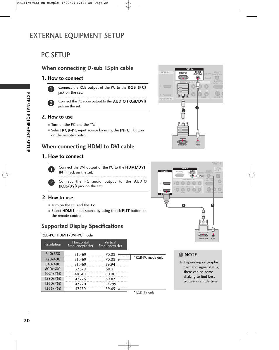External equipment setup, Pc setup, When connecting hdmi to dvi cable | When connecting d-sub 15pin cable, Supported display specifications, How to connect 2. how to use, External eq uipment setup | LG 32LG10 User Manual | Page 22 / 34