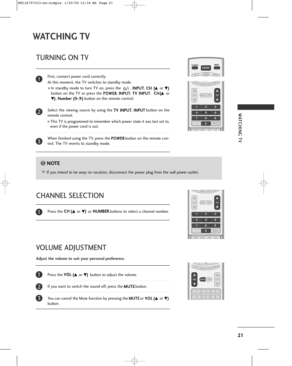 Watching tv, Turning on tv, Volume adjustment channel selection | Wa tching tv | LG 32LG10 User Manual | Page 23 / 34