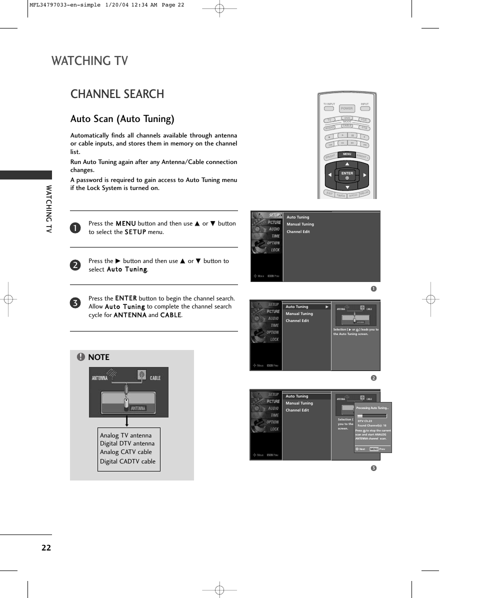 Watching tv, Channel search, Auto scan (auto tuning) | Wa tching tv | LG 32LG10 User Manual | Page 24 / 34