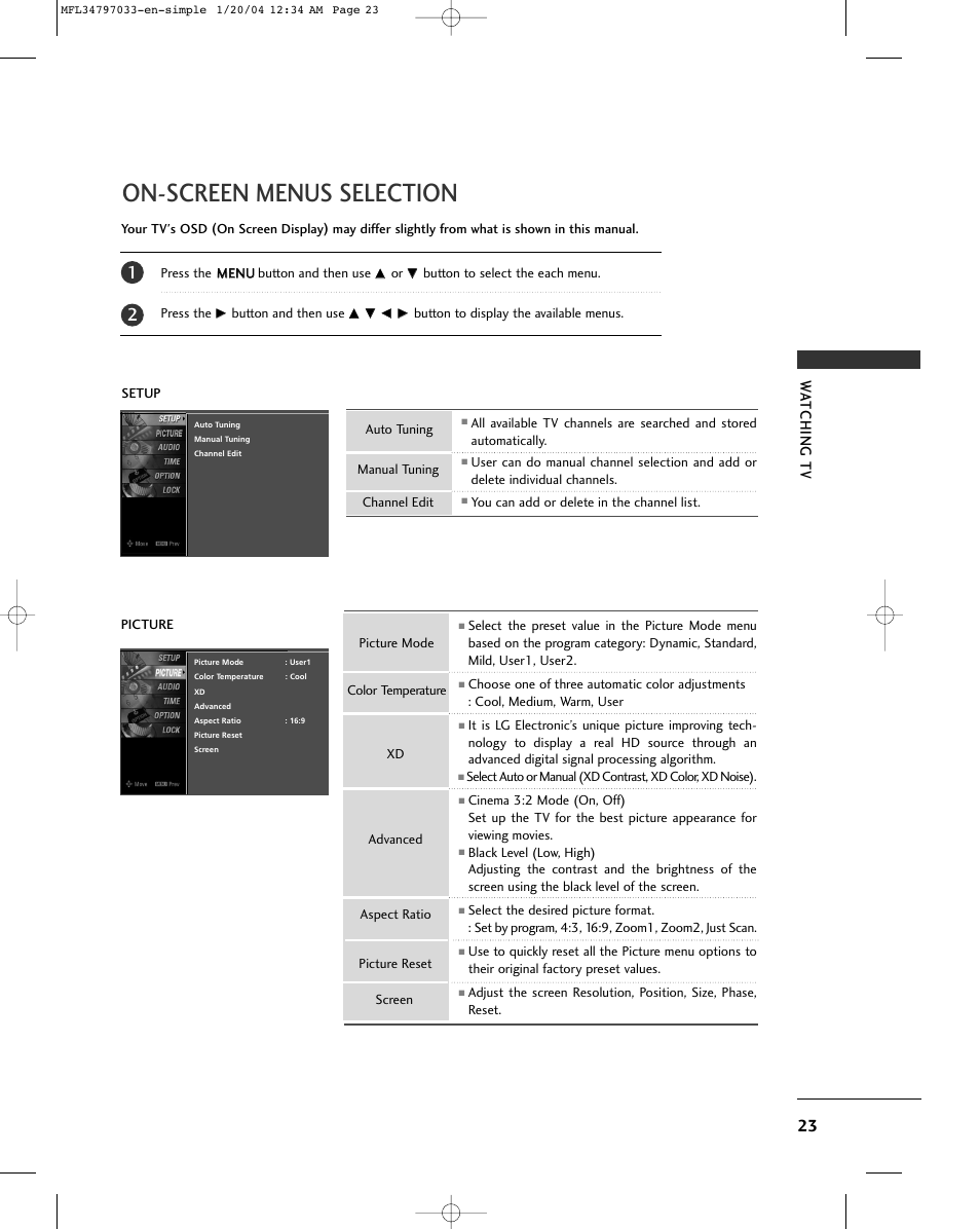 On-screen menus selection, Wa tching tv | LG 32LG10 User Manual | Page 25 / 34