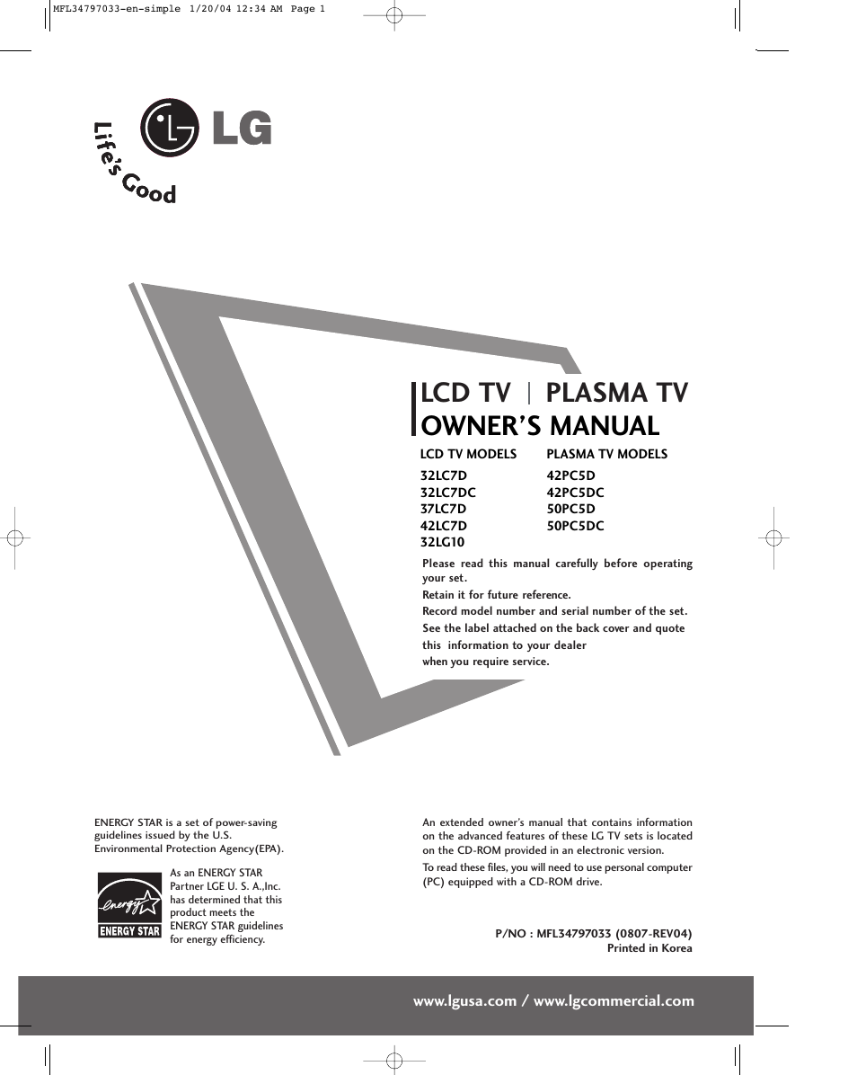 Lcd tv plasma tv owner’s manual | LG 32LG10 User Manual | Page 3 / 34