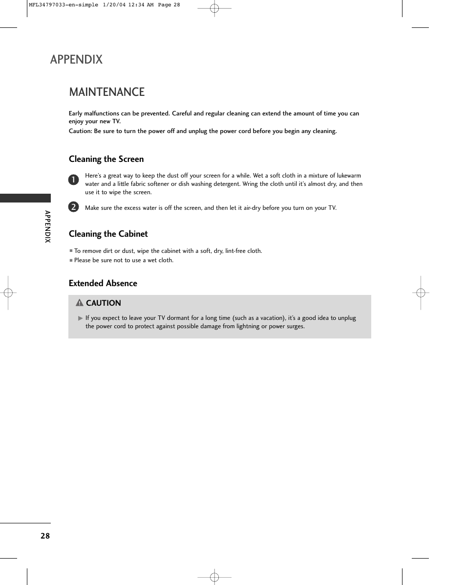 Appendix, Maintenance, Cleaning the screen | Cleaning the cabinet, Extended absence | LG 32LG10 User Manual | Page 30 / 34