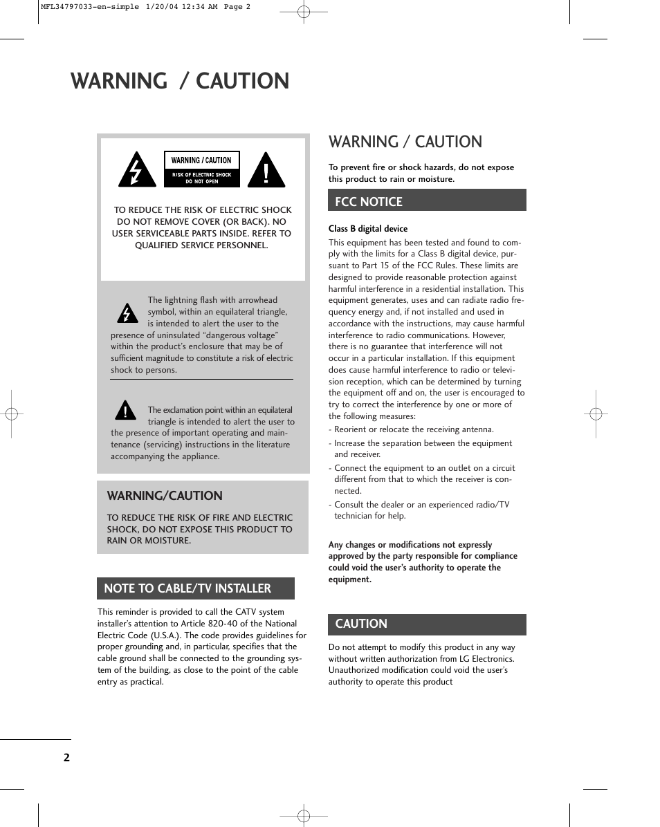 Warning / caution, Fcc notice, Caution | Warning/caution | LG 32LG10 User Manual | Page 4 / 34