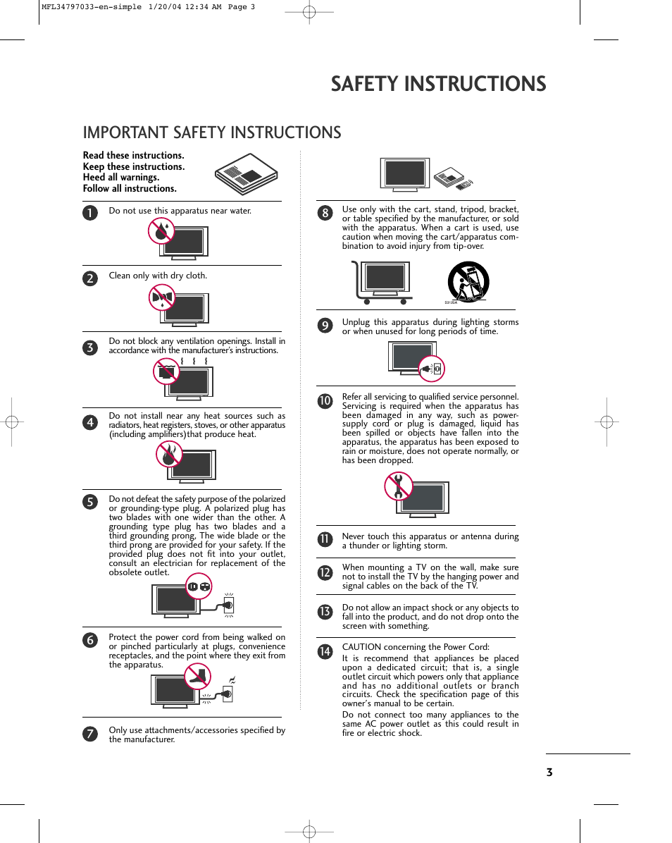 Safety instructions, Important safety instructions | LG 32LG10 User Manual | Page 5 / 34